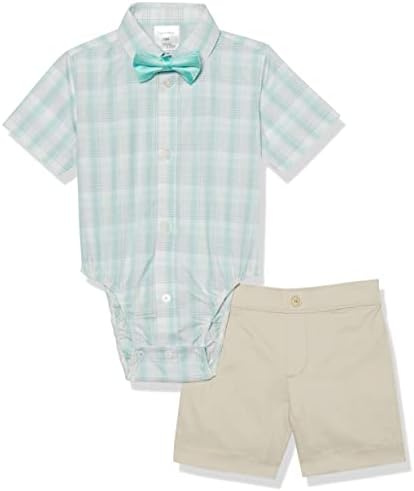 סט 3 חלקים של קלווין קליין לתינוק, חולצת שמלות צווארון שרוול קצר, מכנסיים, עניבת קשת