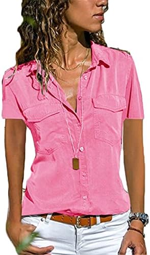 נשים דש ארוך שרוול חולצות חולצות רגיל בתוספת גודל כיסים הקדמיים להנמיך כפתור חולצה