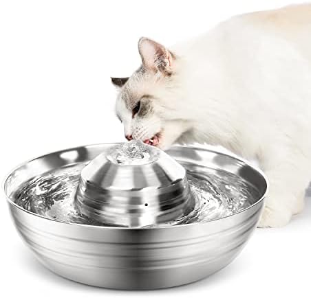 מזרקת מים לחתולים נירוסטה, מזרקת שתייה לחיות מחמד 67 עוז / 2 ליטר לחתולים, מתקן מים לכלבים אוטומטי, מזרקת מים לבעלי חיים ממתכת עם משאבה