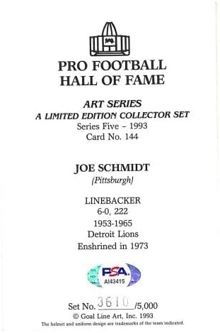 ג'ו שמידט חתום על שער שער כרטיס אמנות גלאק חתימה דטרויט אריות PSA/DNA - כרטיסי כדורגל עם חתימה של NFL