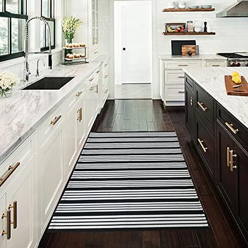 שטיח פסים שחור-לבן שטיח חיצוני שטיח מרפסת קדמית 27.5 x43 מחצלת כותנה כותנה ארוג יד מחצלות הפיכות לחוץ, כניסה, חדר כביסה, בית חווה, מטבח