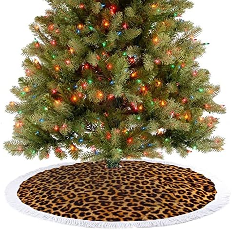 הדפס נמר בעלי חיים עץ חג המולד מחצלת חצאית עץ עץ עץ עם גדילים לקישוט חג המולד של מסיבת חג 48 x48
