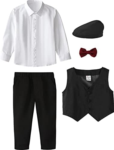 עיצוב פעוט 4-חתיכה פורמליות חליפות תינוק ילד אדון תלבושת עם שמלת חולצה, עניבת פרפר, אפוד, מכנסיים וכובע שטוח