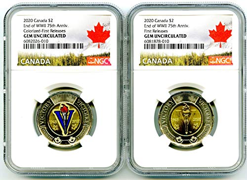 CA 2020 קנדה 2 $ VE-DAY V-E DAY V75 TOONIE משחרר לראשונה שני מטבעות תואמים CERT NGC GEM UNC