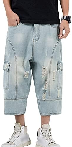 גברים של רטרו בתוספת גודל אופנה ג 'ינס מכנסיים קצרים בסיסי קרע לשטוף מכנסיים קצרים בכושר רגוע למתוח בציר קצוץ ז' אן קצר