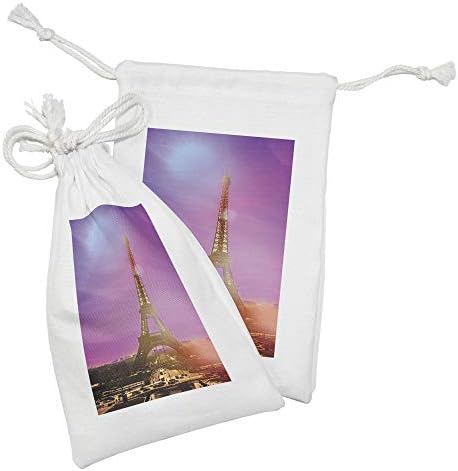 Ambesonne Eiffel Tower Tower Set Set Set of 2, Parmaous Paris ציון דרך עם נוף עירוני מתחת לשמיים טון סגול ורוד ורוד, תיק משיכה קטן למסיכות