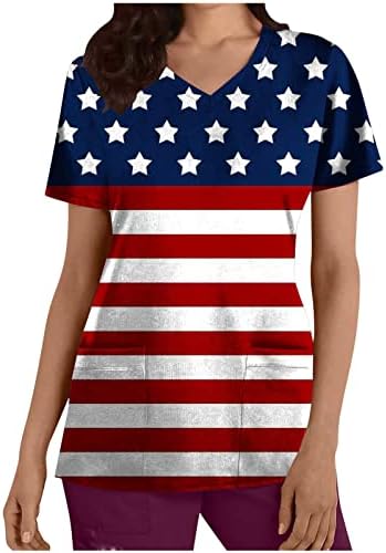 צמרות לשפשוף יום עצמאות לנשים דגל אמריקאי צווארון V שרוול קצר מדים עבודה 4 ביולי חולצת טריקו פטריוטית