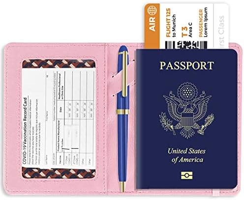 כיסוי דרכון בעל כרטיס החיסון משולבת, חסימת דרכון מקרה דרכון עם חריצים כרטיס לנשים גברים, עור מפוצל נסיעות דרכון ארנק עם חריץ עט &מגבר;
