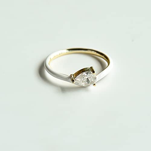 טבעת אמייל טורקיז בצבע פרח וגוון / סוליטייר בצורת אגס מזרח-מערב סטרלינג מצופה זהב 18 קראט-אמייל צבעוני
