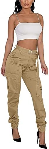 Poiude חיצוני אלסטי מותניים גבוהות מכנסי מטען לנשים מכנסיים רציצים קרביים מזדמנים עם כיסים עם כיסים