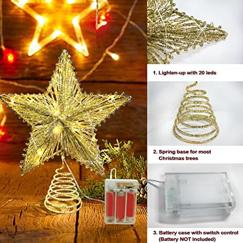 טופר עץ חג המולד של כוכב מואר, טופר עץ כוכבים עם אורות לעץ חג המולד קישוט מסיבות בית, מופעל על סוללה