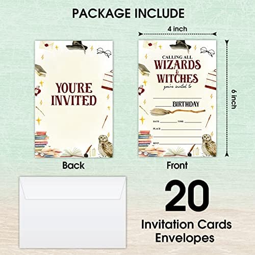 Lwbeo כרטיסי הזמנה ליום הולדת קסומים, מזמינים מסיבת מכשפות מכשפות, ציוד לקישוטים למסיבות יום הולדת שמח, 20 כרטיסי מילוי עם מעטפות לחגיגת