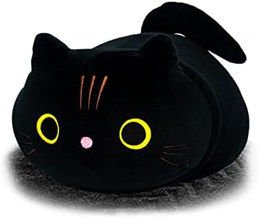 כרית קטיפה של חתול שחור, כרית קטיפה של חתול, קטיפות חיות ממולאות כרית אחורית המותנית, עיניים עגולות חמוד