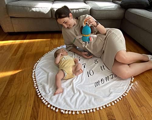 שמיכת אבן דרך חודשית לתינוק לילדה ילדה מתנה ניטרלית מגדרית למקלחת לתינוק מעגלי מקלחת משחק מחצלת משחק גדול-דו צדדי פום פום כדור פלנל עגול