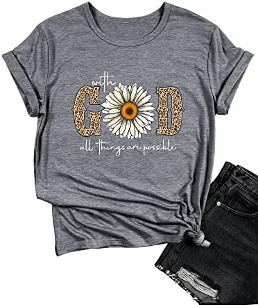 אונאר עם אלוהים, כל הדברים הם אפשריים חולצת פרחים אמירות אמונה חיננית נמר הדפס שרוול קצר חולצה חולצה חולצה