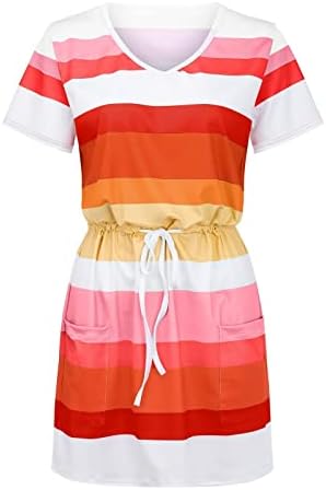 נשים קיץ פסים חולצה שמלה מזדמן צווארון קצר שרוול חגור מיני שמלות צבע בלוק חולצה שמלה עם כיס