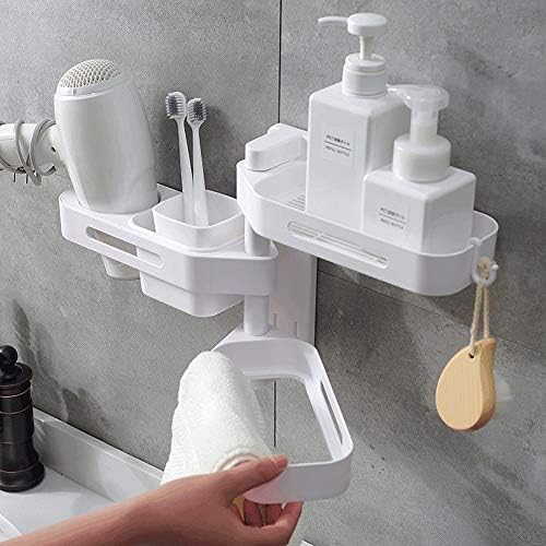 מדף מקלחת BKDFD, פלסטיק אמבטיה לבן ללא קידוח מדפי אחסון מארגן רב -תפקוד עם כוס יניקה חזקה