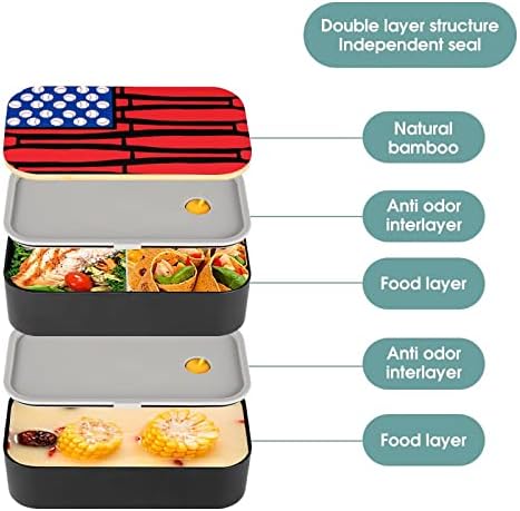 דגל בייסבול אמריקאי שכבה כפולה קופסת ארוחת צהריים בנטו עם כלי ארוחת צהריים לערימה כוללת 2 מכולות