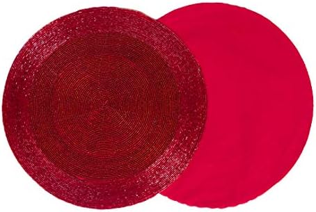 חרוזי זכוכית, תחתיות ומפיות טבעות-אדומות-אדומות-סיבוביות-סיבוב-סיבוב-מעוצב על ידי אומנים הודים מיומנים בקוטר -32 סמ, סט של 18