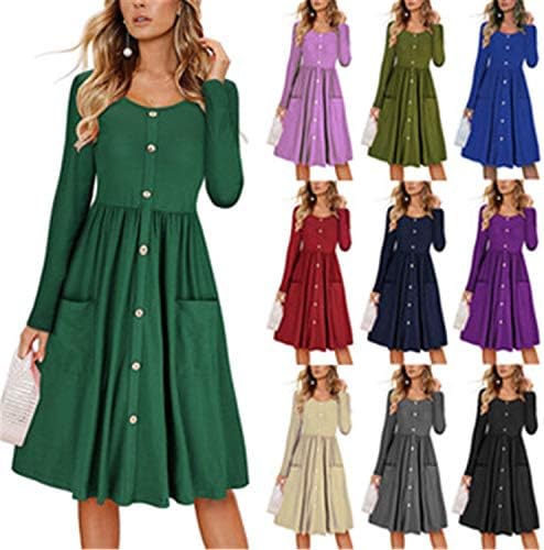 נשים בצבע אחיד שרוול ארוך או כפתור צוואר קישוט לבוש שמלת מידי סקטים עם כיסים