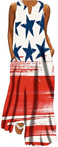 שמלות יום העצמאות של טיקוי לנשים פטריוטיות הדפס גרפי שמלת מקסי עם צווארון ללא שרוולים שמלה קיצית עם כיסים