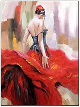 12x16 אינץ 'בעבודת יד ציור שמן ציור פלמנקו רקדנית ספרדית צוענית אדומה בוהקת שמלה אימפרסיוניסט דיוקן אשה קישוט חדר שינה בד