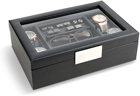 קופסת תכשיטים לגברים-מחזיק 4 שעונים, 12 חפתים, 2 משקפי שמש ואחסון מגש-מארז שעונים לגברים - מארגן סיבי פחמן עם מבטאים מתכתיים , עור מפוצל