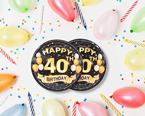 צלחות יום הולדת 40 קינוח שחור וזהב, מזנון, עוגה, ארוחת צהריים, צלחות ארוחת ערב לציוד למסיבות קישוטים ליום הולדת 40, יום הולדת 40 שמח!