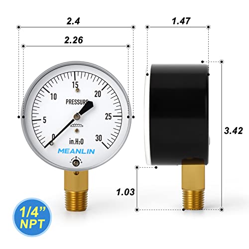 מדד ממוצע 0-30 בסרעפת H2O CAPSULE סוג לחץ נמוך מד נמוך 1/4 NPT 2-1/4 חוגה פנים מתכווננת מד עמוד מים מתכוונת.