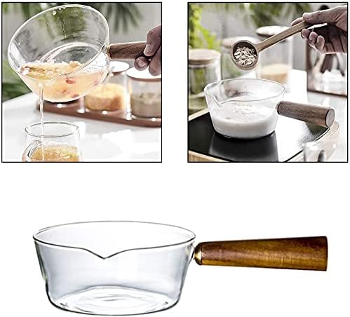זכוכית רוטב מחבת טפלון רוטב סיר פסטה סיר חלב מחבת עץ ידית כיריים סיר מטבח עבור אטריות חלב מעורב סלט תה - 600 מ ל-600 מ ל