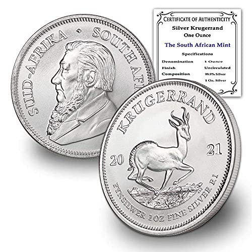 2021 ZA דרום אפריקה 1 OZ סילבר קרוגרנד מגרש מטבעות מבריק ללא מעצבים עם תעודות אותנטיות על ידי COINLOLIO BU 1 RAND