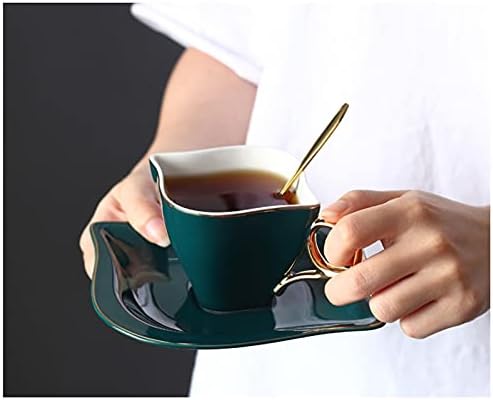 ספלי קפה כוס תה, כוס חלב כוס קפה מוגדרת עם מחזיק כוס - 6.8 גרם לקפה, תה, סט של 4 ירוק כהה לקפוצ'ינו, קפה לאטה, מרק, תה, דגני בוקר