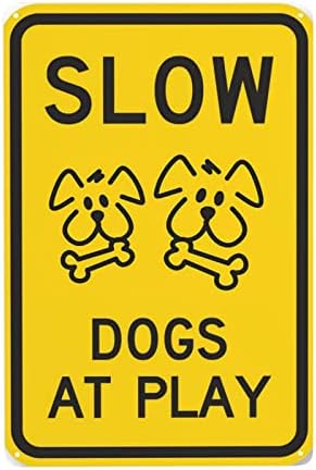 שלטי בטיחות לרחוב, להאט וזהירות אזהרה - כלבים איטיים במשחק שלטי מתכת לחצרות, שבילי 8x12 אינץ '