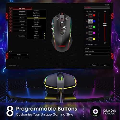 עכבר משחק RGB קווי עכבר, עכבר משחקי מחשב עם 8 כפתורים הניתנים לתכנות, חוזק Chroma RGB, 7200 DPI מתכווננים, אחיזות צד גומי, זיכרון על הלוח,