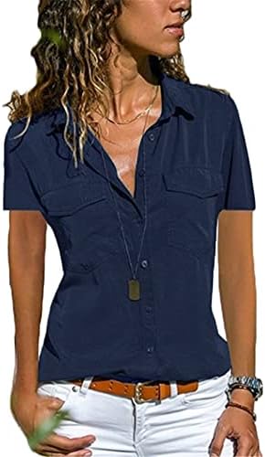 נשים מוצק צבע דש ארוך שרוול חולצות חולצות רגיל בתוספת גודל כיסים הקדמיים להנמיך כפתור