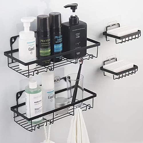 קאדי מקלחת עם 4-חבילות, מדף מקלחת ZKSM עם 2 מארגני מקלחת ו -2 מחזיקי סבון, מדפי סל חדר אמבטיה שחורים עם ווים, אביזרי אחסון מטבח מחוררים