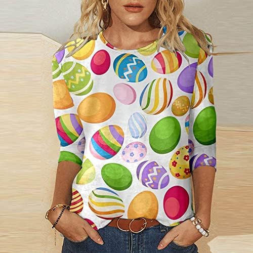 חולצות טריקו של ארנב פסחא שמח לנשים 3/4 שרוול סוודר צוואר עגול טייז מזדמן רופף חולצה עליונה של יום האם