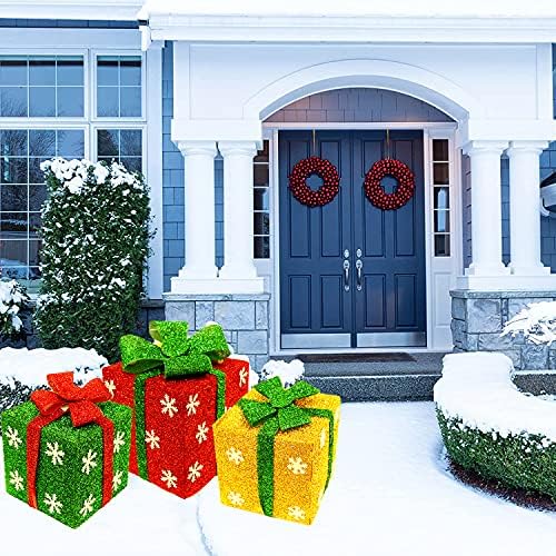 סט של 3 קופסאות מתנה מוארות קישוטים לחג המולד עם קשתות, 60 LED בהיר אדום ירוק וצהוס שלג צהוב קופסאות נוכח
