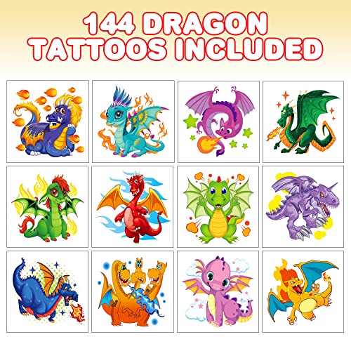 ArtCreativitivity Dragon קעקועים זמניים לילדים-חבילה בתפזורת של 144 קעקועים בעיצובים שונים, טאטים לא רעילים בגודל 2 אינץ